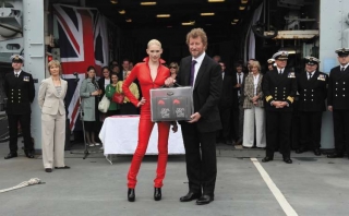 Tuuli Shipster and Sebastian Faulks at the Devil May Care launch on the HMS Exeter